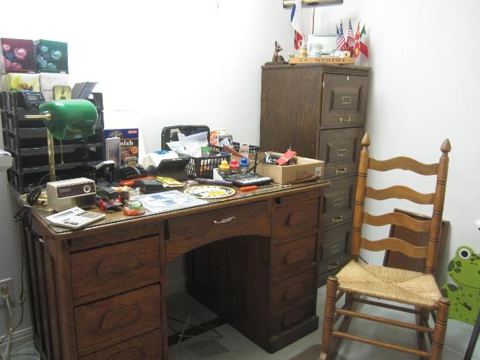 Nice Old Desk.  Solid. Perfect Size. Long Drawers.  Nice Rocker and Wooden File Cabinet Too.  