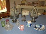 Two castor sets and pickle jar
Polychrome flow blue
Victorian tumblers and butter dish