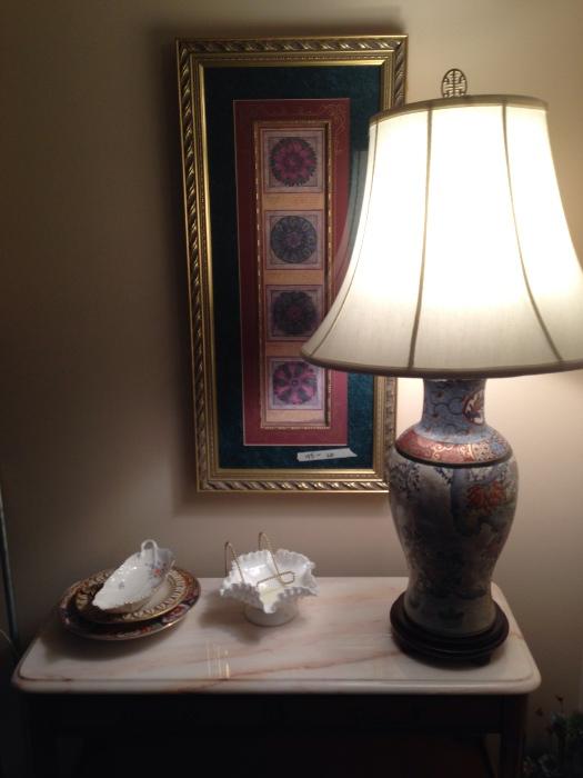 Marble top credenza, nice print and one of a pair of very nice lamps