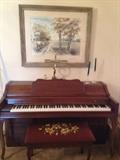 baldwin piano, bench and piano lamp