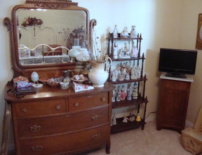 Ornate Oak Dresser with Duck Head Mirror Supports, small TV, Figurine collection
