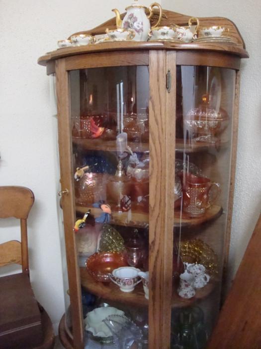 Curved glass China Display Cabinet, Collection of Carnival Glass