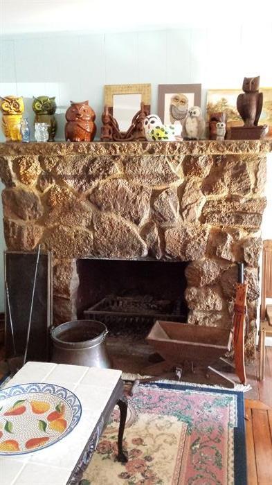 Just some of the owls in the owl collection plus ceramic tile coffee table