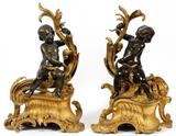 Lot#1018, FRENCH BRONZE FIGURAL CHENETS, 19TH C., PAIR, H 20", W 13"Renaissance dark patina cherubs against gold d'ore foliage.