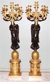 Lot#1021, FRENCH EMPIRE STYLE BRONZE FIVE-LIGHT FIGURAL CANDELABRA, 19TH C., PAIR, H 32", W 10"Each in the form of "Winged Victory" atop a globe holding aloft scrolled candle arms, columnar base with square plinth.