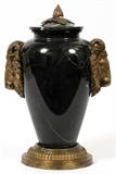 Lot#1022, FRENCH BRONZE MOUNTED MARBLE COVERED URN, H 14", W 9"Black marble with white veining, flanked by ram's mask mounts.