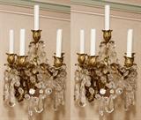 Lot#1027, GILT METAL & CRYSTAL FIVE-LIGHT SCONCES, PAIR, H 17", W 11"Acanthus leaf arms hung with crystal swags.