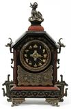 Lot#1029, BELGIAN BLACK & ROUGE MARBLE MANTEL CLOCK, C. 1900, H 17 1/2", W 11", CHINOISERIE STYLE,Architectural black and rouge marble case with patinated bronze mounts, Chinese numerals at the dial.  No apparent markings.  With key.