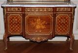 Lot#1034, LOUIS XV STYLE MARQUETRY INLAID THREE-DRAWER COMMODE WITH MARBLE TOP, H 34", W 52", D 22"A white marble top above three drawers inlaid with a bouquet  and lattice, with bronze mounts.