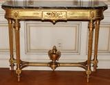 Lot#1035, LOUIS XVI STYLE GILT GESSO & WOOD CONSOLE WITH MARBLE TOP, H 39", W 51", D 18"Raised on round tapering legs joined by stretchers and centered by an urn finial.
