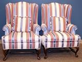 Lot#1047, QUEEN ANNE STYLE WINGBACK CHAIRS, PAIR,.Each raised on cabriole legs joined by stretchers.