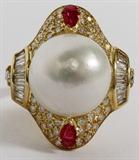 Lot#1066, 18KT YELLOW GOLD, 15MM SOUTH SEAS PEARL, DIAMOND & RUBY RING, 12.1GR,Featuring a 15mm South Seas white pearl at the center, with surrounding round and baguette diamonds, measuring 2.00 carats in total weight, with a G-color, VS-2 clarity grading, with additional 0.50 carats of pearl shape natural ruby accents. The total weight of the ring is 12.1 grams. Size 8.