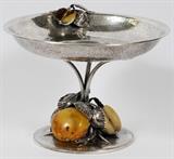 Lot#1089, EASTERN EUROPEAN SILVER & BALTIC AMBER COMPOTE, H 7", DIA 9 1/2"Hammered silver bowl and base with amber fruit; hallmarks at the base (see additional photo).  Made in Poland. Punch marked MCII Polish.