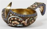 Lot#1098, RUSSIAN .916 SILVER & ENAMEL KOVSH, L 3 1/4"Enamel decorated with flowers and scrolls in shades of blue, red, yellow, green and white, with a gold wash interior.  Hallmarks on the base include "H3" makers mark (unidentified) with Kokoshnik mark enclosing 88 (0.916 silver) and Delta (see additional photo).  Measures H.1 1/8" x 3 1/4" x 1 3/4".