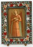Lot#1103, ITALIAN MICRO MOSAIC FRAME, LATE 19TH C., H 4 1/2", W 3 1/4"Micro mosaic colorful floral border enclosing a Renaissance style print of an angel, brass easel back.