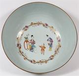 Lot#1136, CHINESE EXPORT PORCELAIN PUNCH BOWL, C. 1800, H 6 3/4", DIA 15 1/2"Floral, bird, bamboo and figural designs on interior and exterior. White glaze, colors of blue, lavender, yellow, salmon, black and hold design.