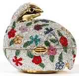 Lot#1212, JUDITH LEIBER GROUSE MINAUDIERE, W 4"Full bead silver crystal bird, with black cabochon eyes, multicolor floral decoration, and push button opening to gold leather lining, coin purse, and mirror. Stamped: Judith Leiber, New York. Measures W. 4" x 3" (19" to the chain shoulder strap).