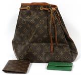 Lot#1228, LOUIS VUITTON MONOGRAM CANVAS NOE SHOULDER BAG & WALLETS (2)Including 1 Monogram Canvas Noe shoulder bag, W.9" x 10" (19" to the adjustable shoulder strap), together with 1 Monogram Canvas wallet, W.3 3/4" folded, and 1 green Epi leather wallet, W.4".  Three items total.