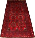 Lot#1304, AFGHAN BOKHARA HAND-WOVEN RUG, 7' 0" X 3' 8"Having a red field with orange accents. Decorated with ten octagonal medallions.