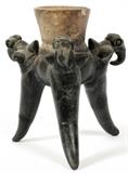 Lot#1322, PRE-COLUMBIAN POTTERY INCENSE BURNER, H 5 1/4'', DIA 4 1/2''Parrot figural heads, on three tapered legs.
