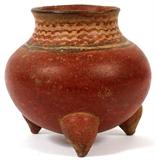 Lot#1330, PRE-COLUMBIAN POTTERY FOOTED VESSEL, H 6'', DIA 6''Three cone feet. Wave design.