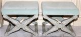 Lot#1363, NEOCLASSICAL STYLE PAINTED WOOD BENCHES, PAIR, H 16", W 20"Velour upholstery.  Measures H.16 1/2" x 20" x 16 1/2". Wood frames are decorated in pale blue and white.