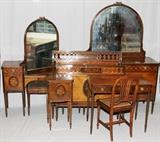 Lot#1384, JOHN WIDDICOMB, MAHOGANY BEDROOM SUITE, SEVEN PIECES..Including 1 dresser with mirror, H.70" x 48'' x 21'', 1 vanity/dressing table with 1 bench, 1 single bed, W.41'' x 80'', 1 nightstand, H.29'' x 14 1/2'' x  11 1/2'', 1 writing desk with 1 chair; floral fruit wood, marquetry inlay.