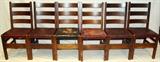 Lot#1394, GUSTAV STICKLEY OAK SIDE CHAIRS, SET OF SIX, C. 1900,Horizontal slats, slight curve to backs. Double side stretchers. Upholstered seats. All have branded Gustav Stickley trademark.