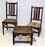 Lot#1398, GUSTAV STICKLEY OAK SIDE CHAIR, ROCKING CHAIR & BENCH,All have Stickley trademark. All have rush seats. Oak.  Three pieces total.