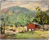 Lot#2002, HANNY VANDER VELDE [AMERICAN, 1913-1997], OIL ON CANVAS, H 22" W 18", MOUNTAIN LANDSCAPE,Hanny Fredrick Vander Velde [American, 1913-1997]. Depicting a mountain landscape scene with cabin. Signed lower right. Unframed.