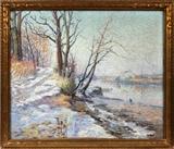 Lot#2023, ELIZABETH FISHER WASHINGTON [AMERICAN, 1871-1953], OIL ON CANVAS, H 32" W 37", WINTER LANDSCAPE,Elizabeth Fisher Washington [American, 1871-1953]. Depicting snowy trail along a river, with houses in the background. Framed under glass.