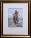 Lot#2026, W. STEVE SELTZER, WATERCOLOR 10" X 8 1/4", NATIVE AMERICAN ON HORSEBACK,Signed lower left, "W. S. Seltzer"  framed. Native American on horseback  with spear.