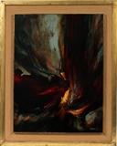 Lot#2030, LEONARDO NIERMAN (MEXICAN B. 1932), OIL ON MASONITE, "BIRD OF PARADISE", 1967, H 31", W 24"Colors of red, yellow, green, teal, black and brown.  Signed lower right and dated 1967.  Titled on verso; framed