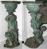 Lot#2051, BRONZE PLANTERS, CHERUBS, 20TH C., PAIR, H 42", 40", DIA 17"Unsigned. Green patina.
