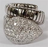 Lot#2058, 18KT WHITE GOLD 1.80CT DIAMOND ACCORDION RING, 24.1GR,Featuring pear shape center with bead set diamonds, measuring 1.80 carats in total weight, with a F-G color, VS-1 clarity grading, on an accordion band. The total weight of the ring is approximately 24.1 grams.