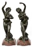 Lot#2131,EUROPEAN BRONZE CLASSICAL STYLE DANCING FEMALES, C. 1920-1940, PAIR, H 18" & 18 1/2"Unsigned; rouge marble bases.