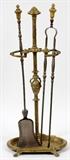 Lot#2190, FRENCH STEEL AND BRONZE FIRE TOOL (H 26 1/4") SET ON STAND (H 26"), 3 PIECES TOTAL,Acanthus and vine motifs; profile mask reserve on shaft of stand.  Shovel, tongs and stand.