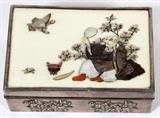 Lot#2291, SHIBAYAMA IVORY & SILVER BOX WITH FIGURE, H 1 1/2" L 4 1/2"Item to be sold in the USA only. Wood box, fitted with silver frame, and an inset ivory top. Decorated with enameled scene of seated male figure with fan. Measures H. 1 1/2" x 4 1/2" x 3".