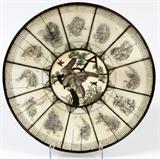 Lot#2292, SHIBAYAMA IVORY & ENAMEL CHARGER, DIA 12"Decorated with enameled eagle reserve at the center, surrounded by paneled etched scenes of monkey figures. Measures 12" in diameter.