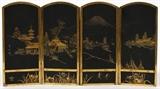 Lot#2295, JAPANESE MIXED METAL PANEL DIVIDER, H 5 3/4" W 10 1/2"Interior decorated with village landscape, featuring sailboats and volcano. Measures H. 5 3/4" x 10 1/2".