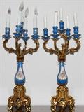 Lot#2314, SEVRES STYLE PORCELAIN & BRONZE 5 LIGHT ELECTRIC CANDELABRA, PAIR, BLUE H 23 1/2"Circa 1970, Total H 31". Pair.
