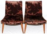 Lot#2409, MID-CENTURY MODERN, SCANDINAVIAN, WALNUT AND VELOUR, SIDE CHAIRS, C1960, PAIR,having brown velour fabric with floral designs, round tapered walnut frames and legs.