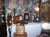 Seth Thomas Shelf Clock; Various Bracket Clocks; Ansoni Myster Swinger Clock; French Marble Clock; Shaving Razor Barber Display Cabinet