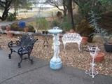 Ornamental Cement Bird Bath; Cast Iron Settees