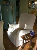 Lift recliner with cover, brown leather.