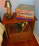 Great vintage record cabinet, LPs and lighting