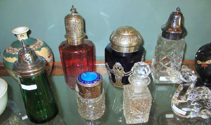 Amazing, High Quality Edwardian/Victorian Perfume/Scent Bottles and Sugar/Talc Shakers - Cobalt Glass, Amberina, Green Glass, Cut Crystal and Sterling Silver - Really Beautiful Examples!