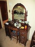 Stunning Carved Mahogany Vanity Dresser & Chair