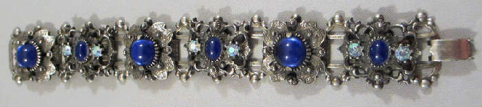 SILVER FILIGREE & FLORAL LINK BRACELET WITH BLUE GLASS CABOCHONS & BLUE WATERMELON RHINESTONES!