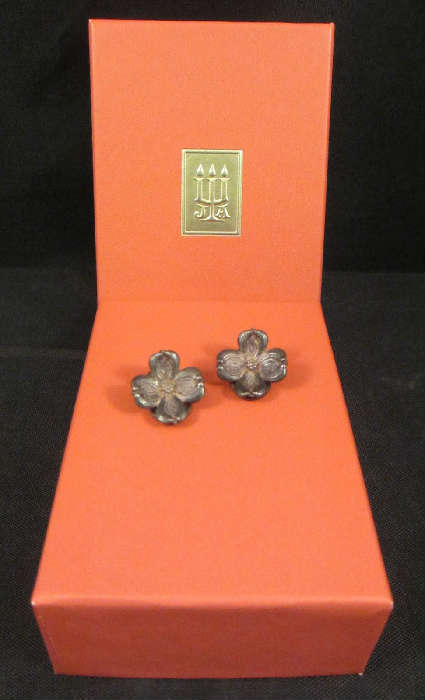 RETIRED JAMES AVERY STERLING SILVER 'DOGWOOD BLOSSOM' CLIP-ON EARRINGS WITH ORIGINAL BOX!